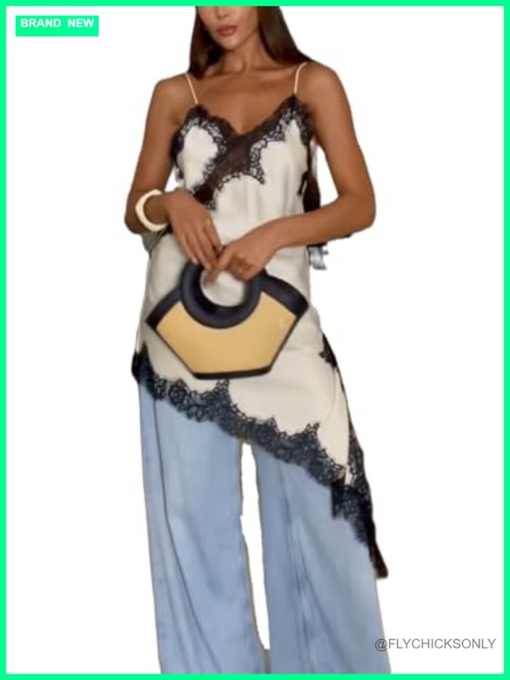 Satin Lace Trim High Low Cami Top Spaghetti Strap Asymmetrical Side Split